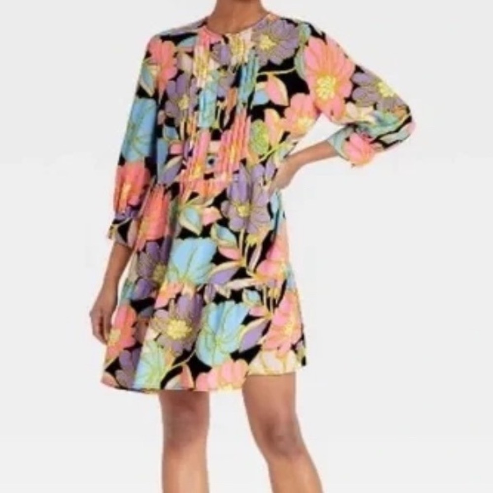 Who What Wear Floral Print Mini Dress Button‎ Front Tiered Ruffle Size M